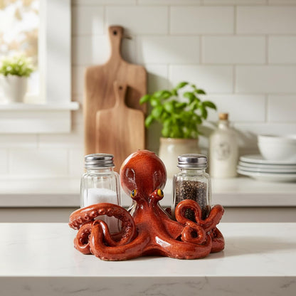 Comfy Hour 5" Octopus Salt and Pepper Shaker Duo, Decorative Coastal Ocean Figurine Holder for Kitchen Tabletop, Artisan Crafted Resin Animal Accent, Includes 2-Count Glass Bottles, Brown
