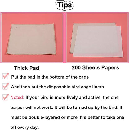 QBLEEV Bird Cage Liner Paper, Extra Large Size Pre Cut Sheets for Birdcages, Precut Absorbent Disposable Non-Woven Cages Cushion Pad Mat Accessories, Square-200 Sheets, 16.5x24.0in