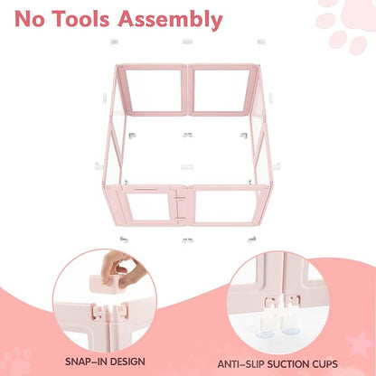 DIY Clear Acrylic Dog Playpen Indoor, Transparent Easy Cleansing Puppy Fence with Suction Cup, Easy-Assemble Indoor Whelping Crate for Small Puppies (23.6" H, 8PCS), Pink