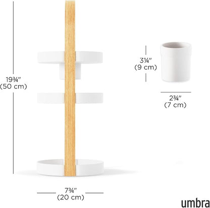 Umbra Bellwood Caddy, Organizer for Makeup and Cosmetics, Durable Rotating Container with Wooden Handle, Large, White/Natural