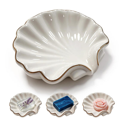 Shell Soap Dish,Ceramic Soap Dishes for Bar Soap – Decorative Bathroom Accessory with Gold Trim, Non-Slip Design, Easy to Clean, Ideal for Shower, Vanity, and Kitchen Sink Use