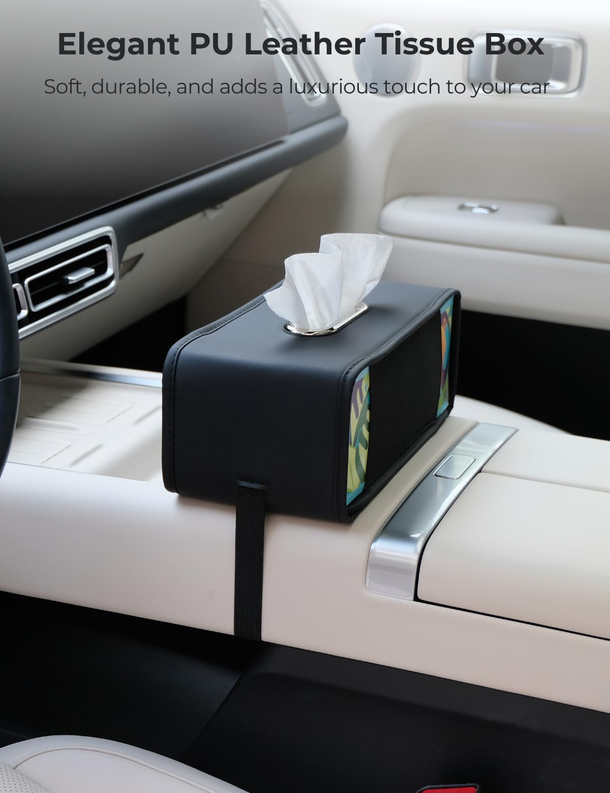 Upgraded Car Tissue Holder - Premium PU Leather Car Tissue Box Cover Rectangle with Flexible Side Bands, Universal Tissue Holder for Car Seat Back– Fits Most Tissue Box, Black