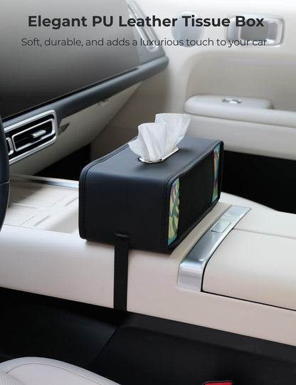 Upgraded Car Tissue Holder - Premium PU Leather Car Tissue Box Cover Rectangle with Flexible Side Bands, Universal Tissue Holder for Car Seat Back– Fits Most Tissue Box, Black