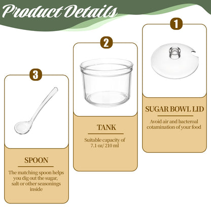 Ptwola 12 Pcs Clear Acrylic Sugar Bowl Set Sugar Containers Salt Canister with Lid and Spoon Perfect for Serving Condiment Candy Coffee Tea Spices (7.4 oz)