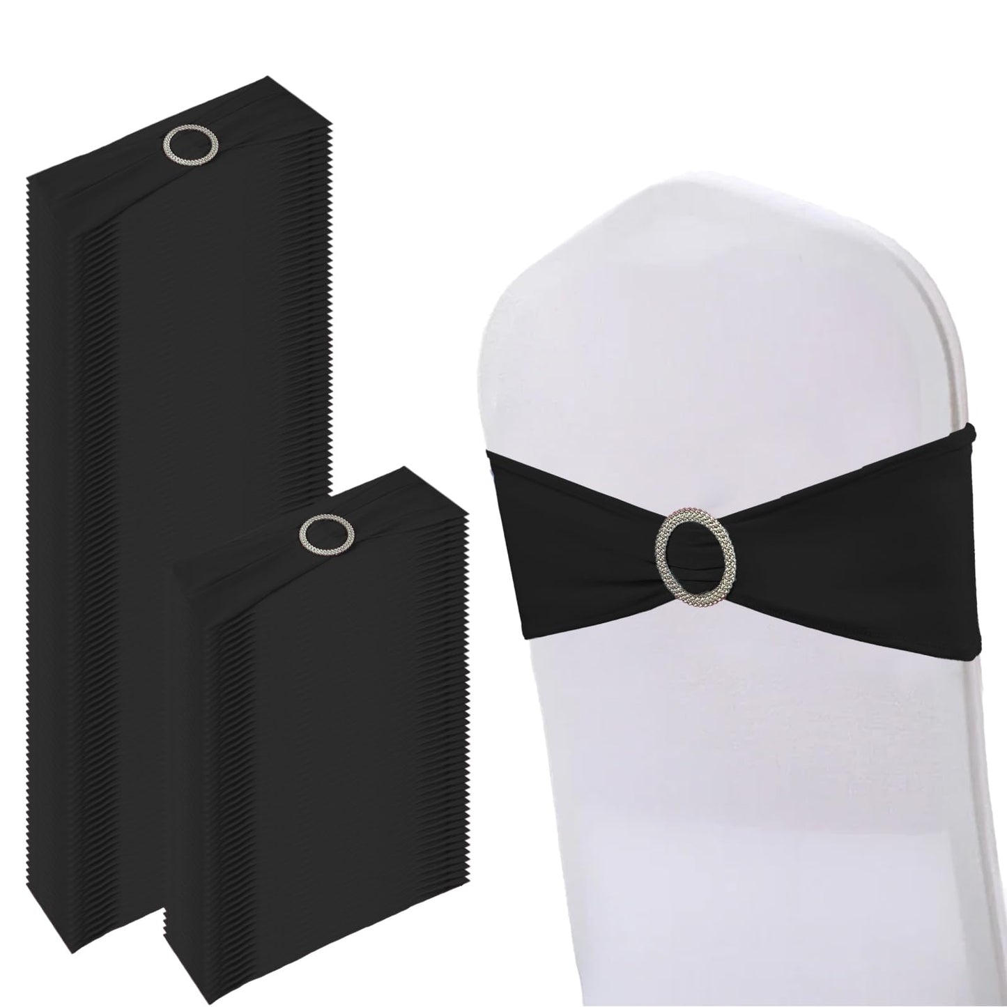 150 Pack Spandex Stretch Chair Sashes Bows, Elastic Stretch Chair Cover Bands Ties with Buckle Slider for Wedding Party Ceremony Reception Event Banquet Decoration (Black)