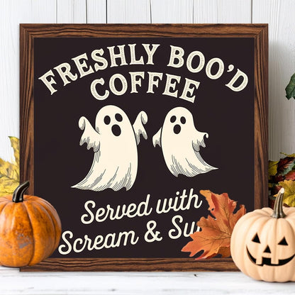 Spooky Halloween Theme Freshly Boo'd Coffee Wooden Sign, With Frame Coffee Bar Art Plaque Sign for Home Kitchen, Cafe, Bar, Garage Halloween Decor 7.87x7.87 Inch