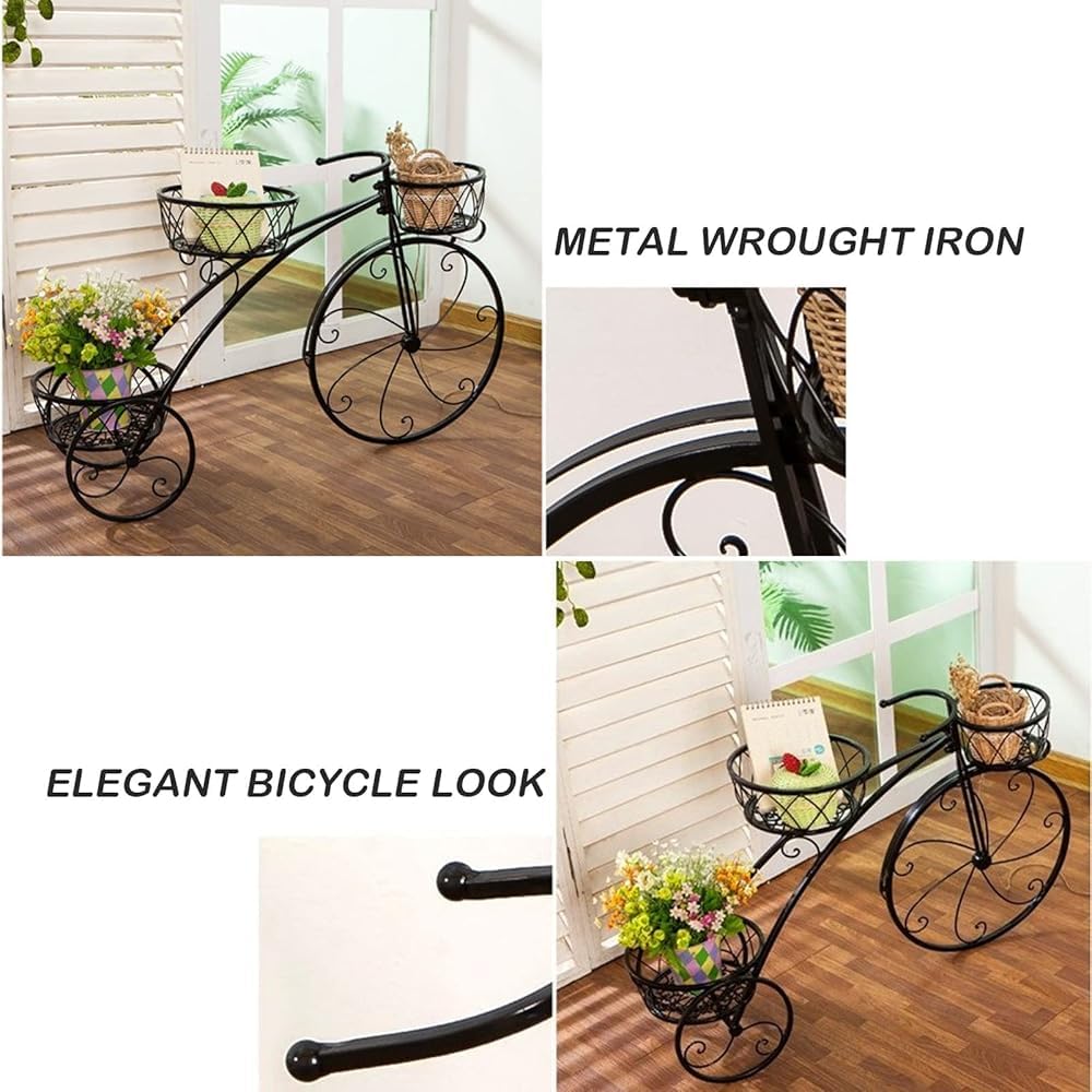 QUANBU Metal Bicycle-Shaped Planter Rack Tiered 3-Pot Plant Flower Display Stand | Indoor/Outdoor Garden Plant Shelf Holder(Color:Black)