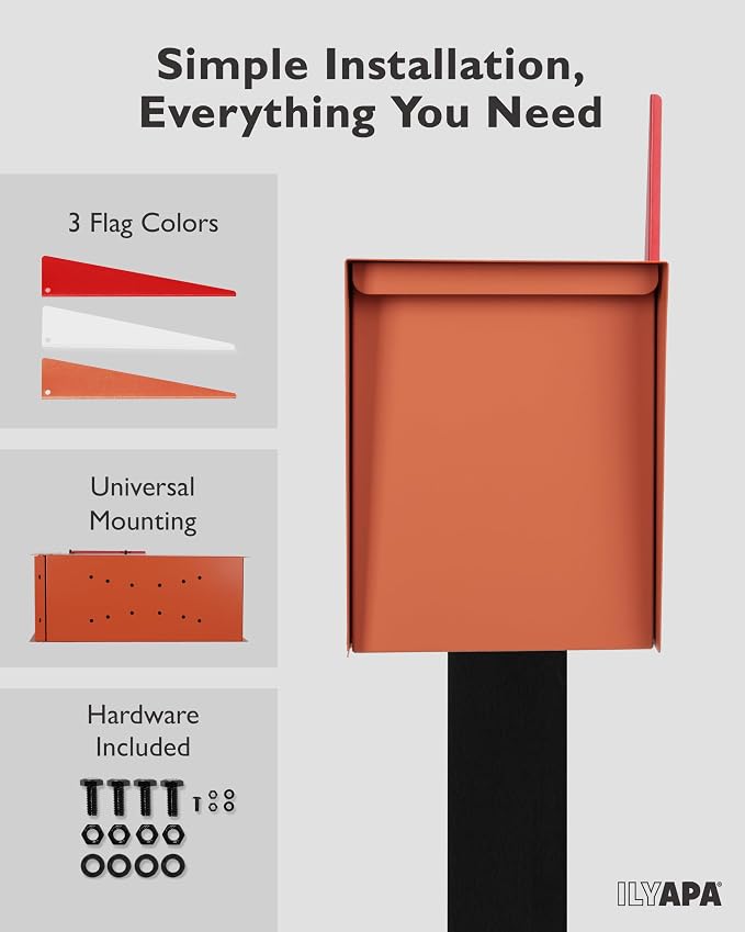 Ilyapa Modern Mailbox for Outside Post Mount - Terracotta Heavy Duty Powder Coated Metal Mailbox, Waterproof Letter Box for Parcels