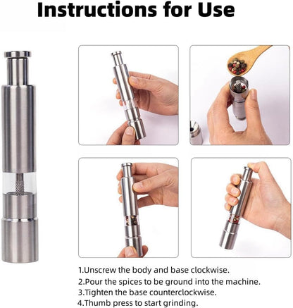 Stainless Steel Salt and Pepper Grinder Set, Manual Refillable Peppercorn Mills with Push Button, Thumb Grinder, Sliver White