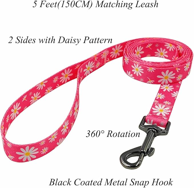 Dog Collar Leash Set, Floral Pattern, Polyester Material, Adjustable Collar and 5ft Matching Leash, for Small Dogs.(S, Pink Daisy)