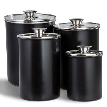 malmo Stainless Steel Food Canister Set of 4-Piece, 16/49/85/132 Ounces,Airtight Containers with Glass Lid for Tea,Coffee,Sugar,Flour,Pantry Kitchen Storage Storeroom Counter (Black)