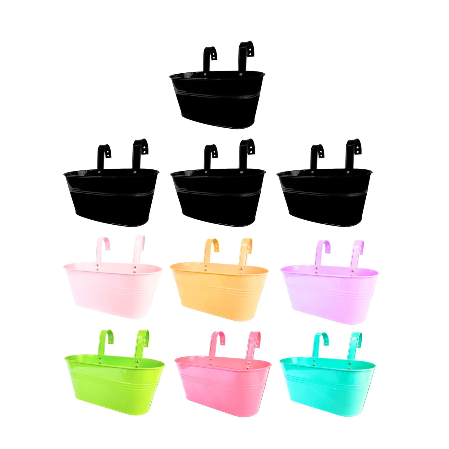 LaLaGreen Bundle - 4 Pack, 11.8 Inch Black + 6 Pack, 11.2 Inch Multicolor Rounded Metal Iron Hanging Flower Pot Wall Mount Modern Window Bucket Box Porch Deck Railing Fence Outdoor Garden Plant Holder
