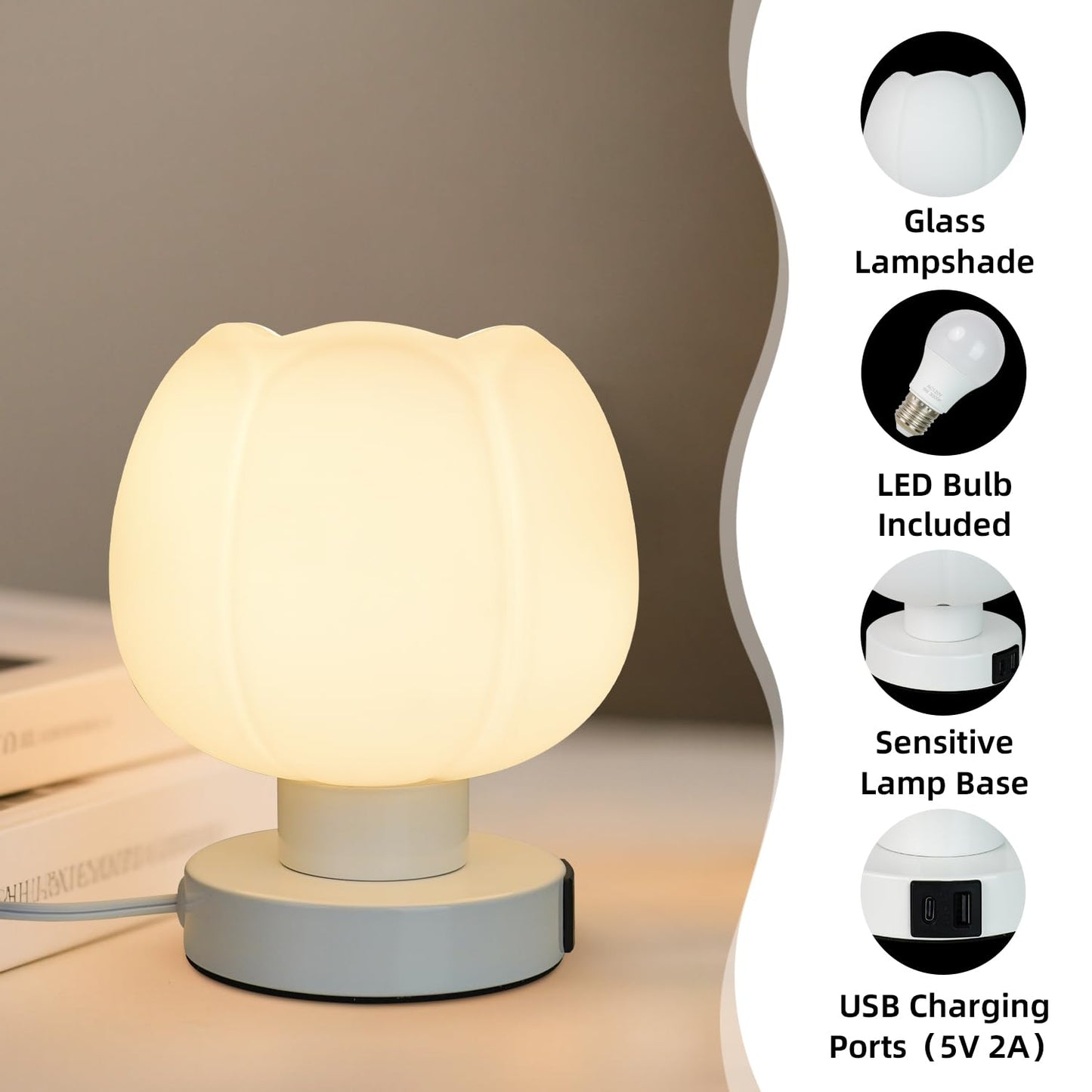 Komothala Touch Bedside Lamp with USB C+A Charging Ports,Tulip Flower Lamp with White Glass Lamp Shade, Warm LED Bulb, 3 Way Dimmable, Small Table Lamp for Bedroom Nightstand Living Room