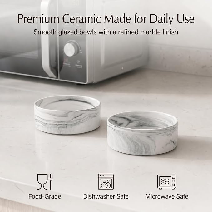 Ceramic Dog Bowls with Non-Slip Bamboo Stand - Dog Food and Water Bowl Set Ideal for Cats and Small Dogs - Double 5.1" Pet Dishes, Each Feeder Holds 1.4 Cups / 10.8 fl oz - Black Marble
