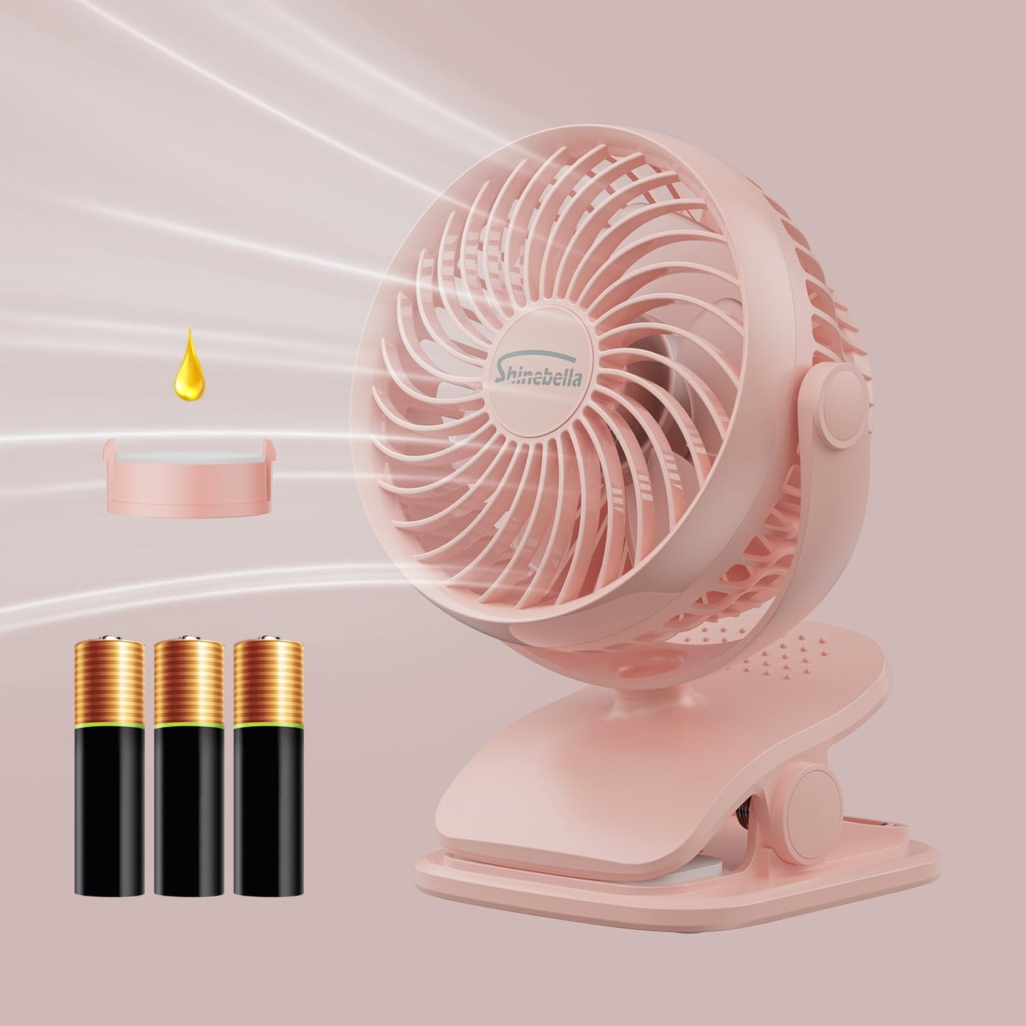 AA Battery Operated Clip-On Fan with Aroma, 4 Speeds, 5-inch Small Personal Fans for Baby Stroller, USB Powered, Quiet, 360° Rotation for Desk/Dorm/Camp/Golf Cart, Portable Home/Office/Bed Use
