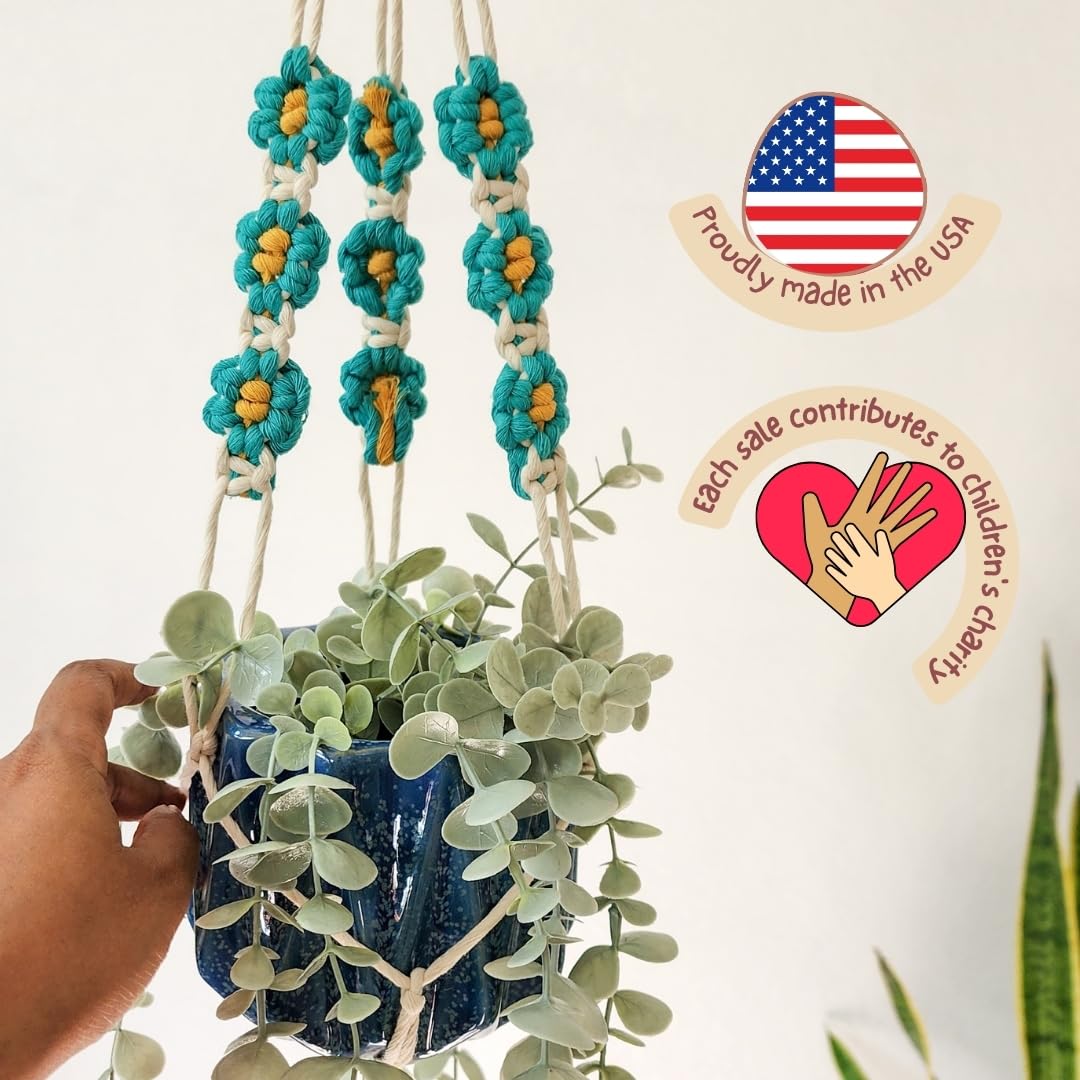 Macrame plant hanger with Daisies | Hanging plant holder | Macrame Plant hangers outdoor and indoor hanging planters Plant stand indoor Boho Decor hanging planter stand / plant shelf (Ocean Teal)