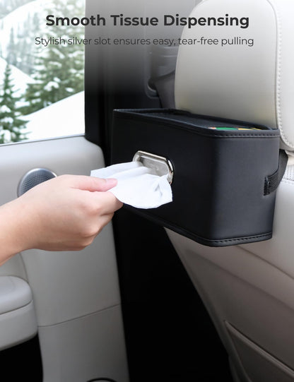 Upgraded Car Tissue Holder - Premium PU Leather Car Tissue Box Cover Rectangle with Flexible Side Bands, Universal Tissue Holder for Car Seat Back– Fits Most Tissue Box, Black