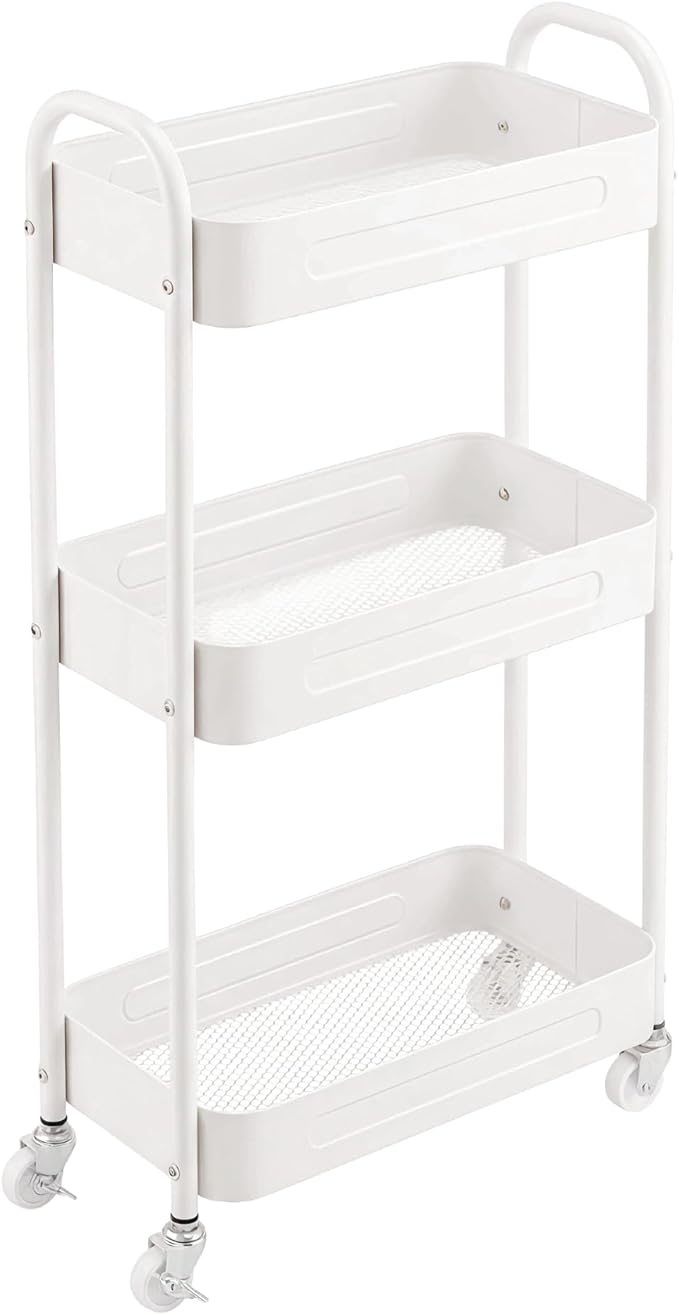 3 Tier Narrow Rolling Storage Cart for Laundry Room Bathroom Kitchen, 7.1'' Slim Utility Cart with Wheels and Lockable Casters Standing Shelf for Small Space & Between Washer and Dryer, White