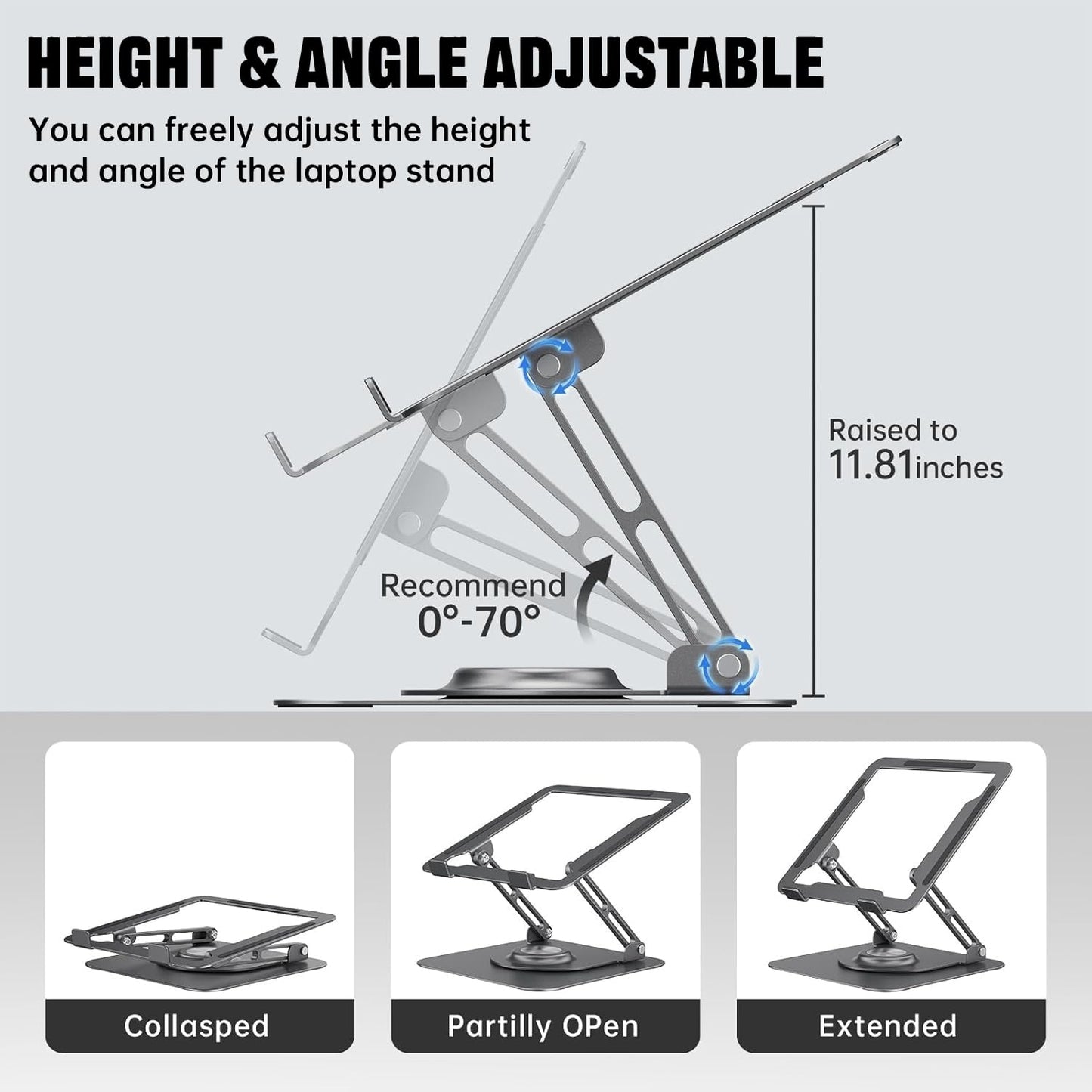 JOYEKY Laptop Stand for Desk, Adjustable Computer Stand with 360° Rotating Base, Ergonomic Laptop Riser for Collaborative Work, Foldable & Portable Laptop Stand, fits for All 10-16" Laptops (Grey)