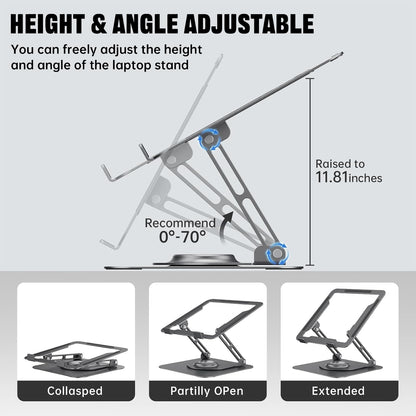 JOYEKY Laptop Stand for Desk, Adjustable Computer Stand with 360° Rotating Base, Ergonomic Laptop Riser for Collaborative Work, Foldable & Portable Laptop Stand, fits for All 10-16" Laptops (Grey)