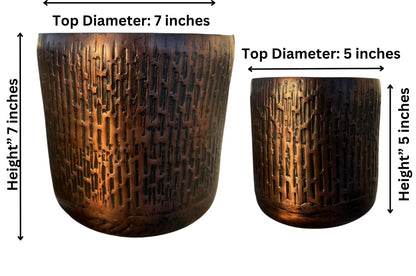 Set of 2 Antique Copper Handmade Metal Planters – Textured Grooved Design with Anti-Scratch Pads – Indoor Decorative Flower Pots with a Medieval Look – 7x7" and 5x5" Height Rustic Artisan Planter Set