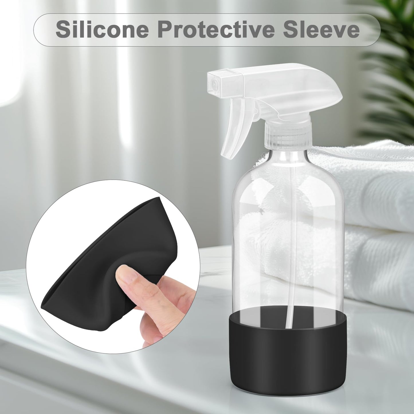 Worldgsb 2 Pack Glass Spray Bottles with Silicone Sleeve, 16 oz Empty Refillable Containers with Adjustable Spray Nozzles, Spray Bottles for Hair, Cleaning Solutions and Plants Black