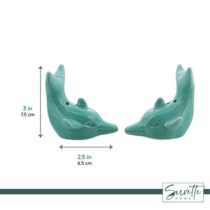 Ceramic Salt & Pepper Shakers Novelty Kitchen Décor - Green Dolphin