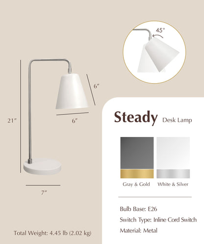 HarvestLand Steady Silver Reading Lamps for Bedside Table – Adjustable Industrial Table Lamp with Solid Base, Lamp for nightstand, Desk Lamp Home Office, Mid Century Modern Reading Lamp Style