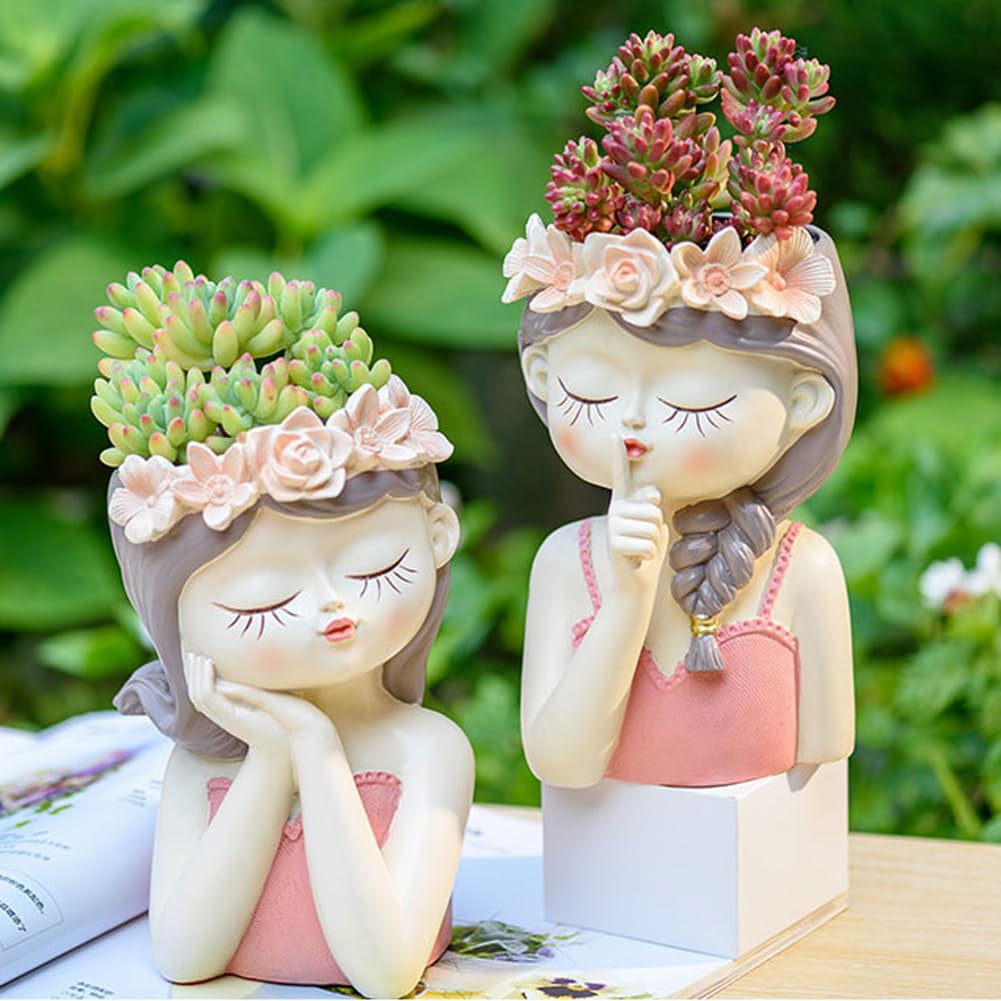 Snowy sunday Adorable Fairy Girl face Succulent Pot 2-Packs with Drainage Hole, Resin Head Planter Pot for Indoor Plants, Decorative Flower vase,Gifts Idea for Lady (Medium-Tranquility)