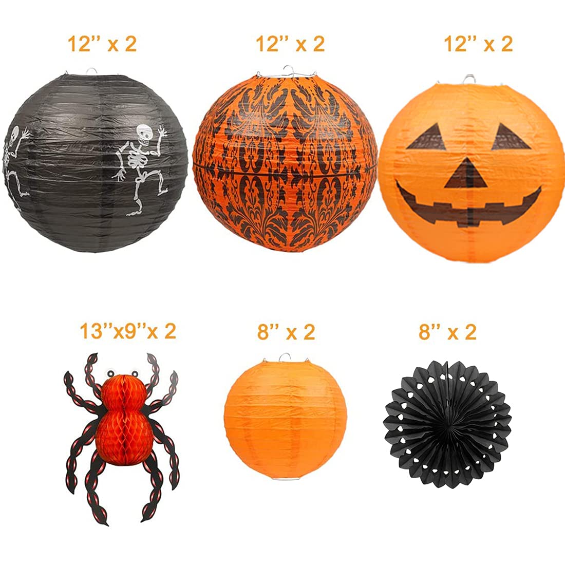 UNIQOOO 12Pcs Halloween Hanging Decorations Paper Lanterns, Jack-O'-Lantern Spider Skeleton Pumpkin for Indoor & Outdoor Spooky Home Decor, Party Supplies Props, 12" & 8" (Orange, Black)