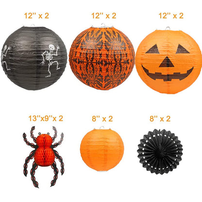 UNIQOOO 12Pcs Halloween Hanging Decorations Paper Lanterns, Jack-O'-Lantern Spider Skeleton Pumpkin for Indoor & Outdoor Spooky Home Decor, Party Supplies Props, 12" & 8" (Orange, Black)