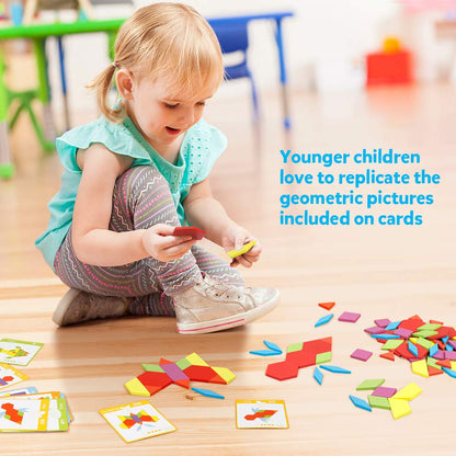 Coogam Wooden Pattern Blocks Set 130PCS Geometric Color Shape Manipulative Puzzle – Graphical Montessori Tangram Early Learning Educational Toys Brain Teasers STEM Gift for Kids with 24 Design Cards