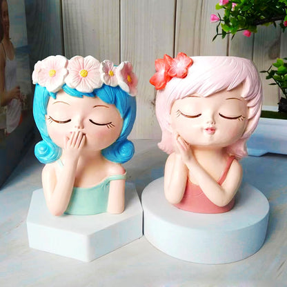 Cute Head Planter Pot Resin Succulent Planter Little Girl Flower Pot, Human Face Cactus Plants Container Bonsai Holder Thumb Pot Fairy Figurine Statue Planters with Drainage Decor Gift (Pink)