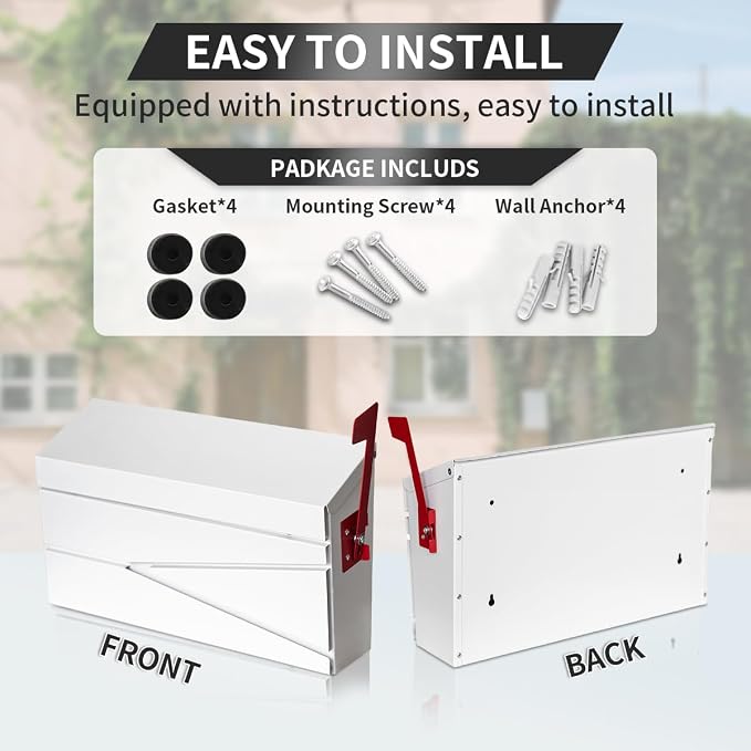 Ydocabinit Wall Mount Mailbox, Large Capacity Mailbox for House, with Flag Kit, Galvanized Steel Rust-Proof Metal Post Drop Box, Mailboxes for Outside, 15.74"×9.84"×4.33", White, Modern Sleek Style