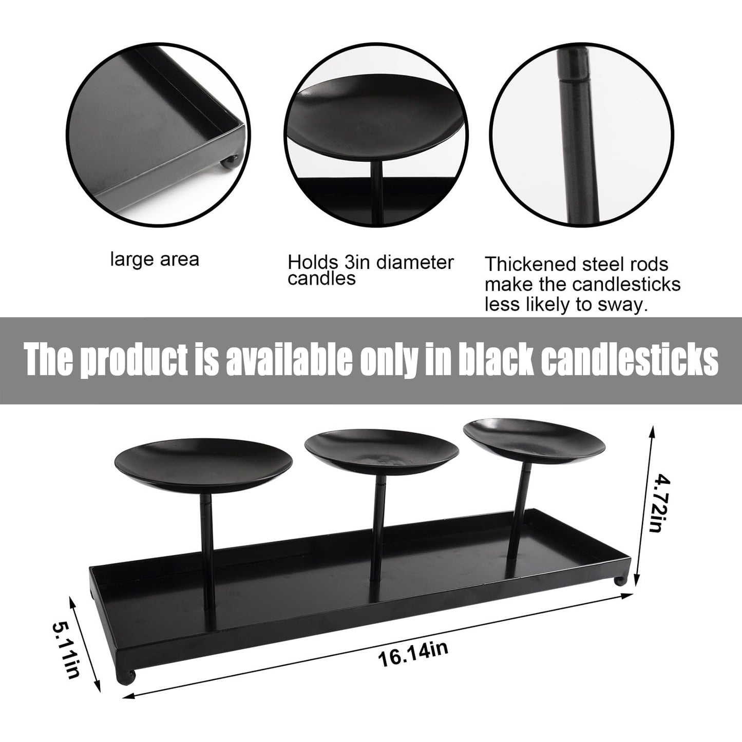 flangairy 3 Pillar Black Metal Candle Holders for Table Centerpiece, Fall Thanksgiving & Halloween Dining Table, Fireplace Mantel Decor, Tray Candlestick for Living Room Rustic Decorations