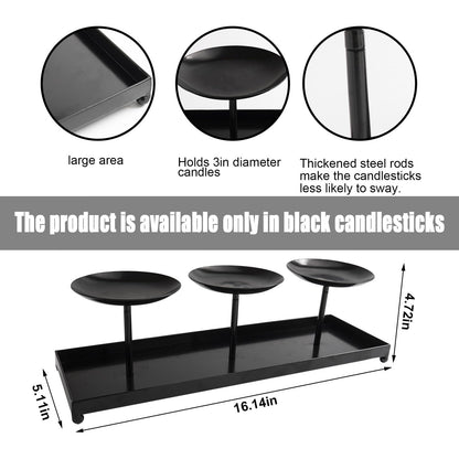 flangairy 3 Pillar Black Metal Candle Holders for Table Centerpiece, Fall Thanksgiving & Halloween Dining Table, Fireplace Mantel Decor, Tray Candlestick for Living Room Rustic Decorations