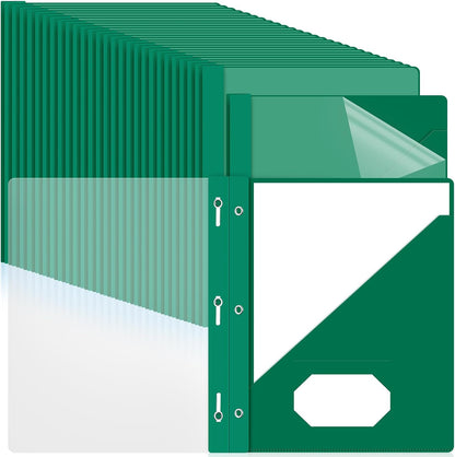 Patelai 48 Pcs Plastic Folders with 2 Pockets and 3 Prongs Home Folders with Card Slot Letter Size Heavy Duty Report Covers for Back to School(Green,Simple Style)