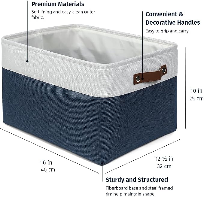 OrganiHaus 16x12.5in Canvas Storage Baskets 3 Pack | EXTRA LARGE Fabric Bins for Shelves | Linen Closet Organizer | Navy Blue/Off-White