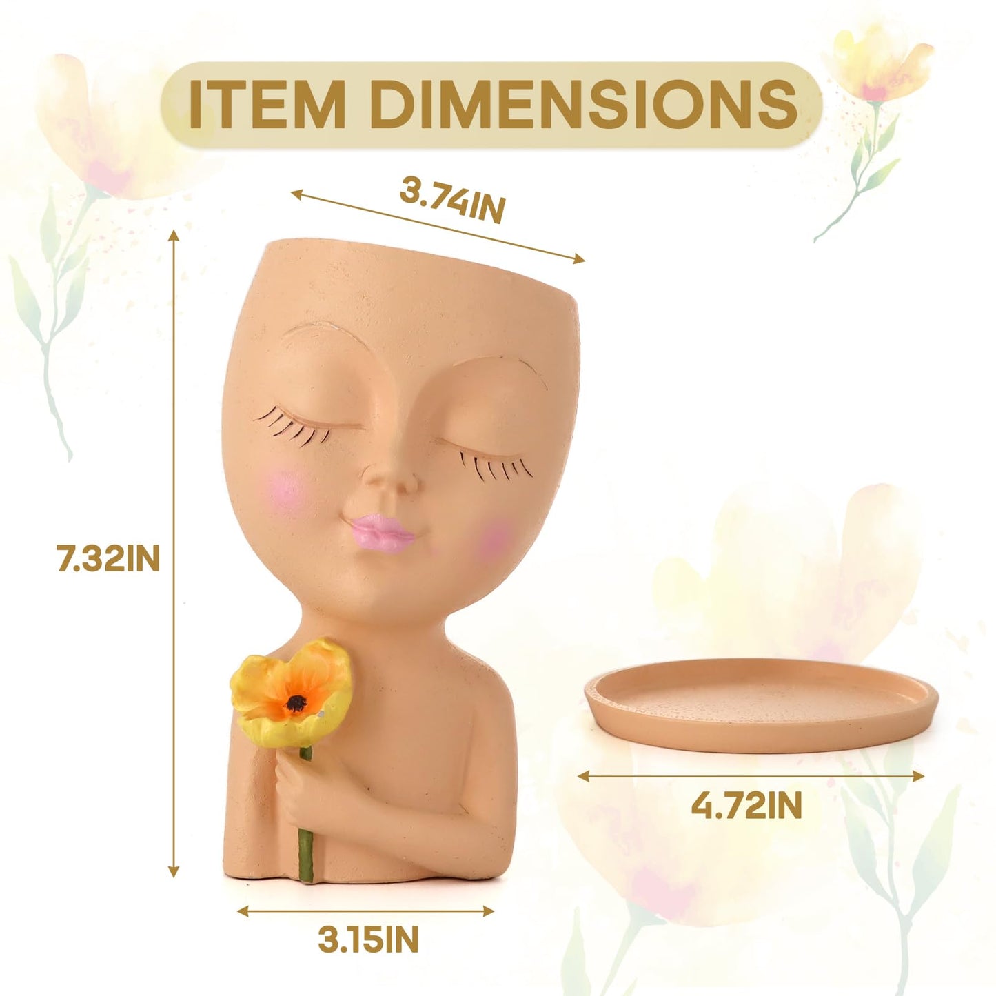 Meltset M Face Planter Pot Head Planter for Indoor Plants, Cute Girl Holding Poppy Flower Pot with Drainage Hole, Resin Succulent Cactus Planter, Unique Gardening Gifts for Women Mom Teacher (Brown)