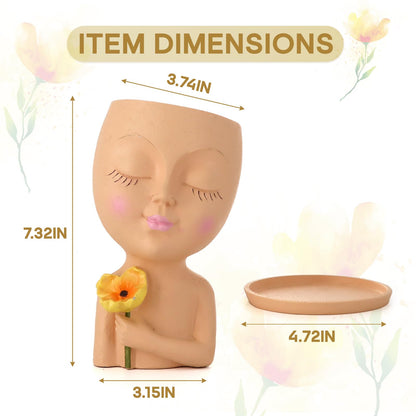 Meltset M Face Planter Pot Head Planter for Indoor Plants, Cute Girl Holding Poppy Flower Pot with Drainage Hole, Resin Succulent Cactus Planter, Unique Gardening Gifts for Women Mom Teacher (Brown)