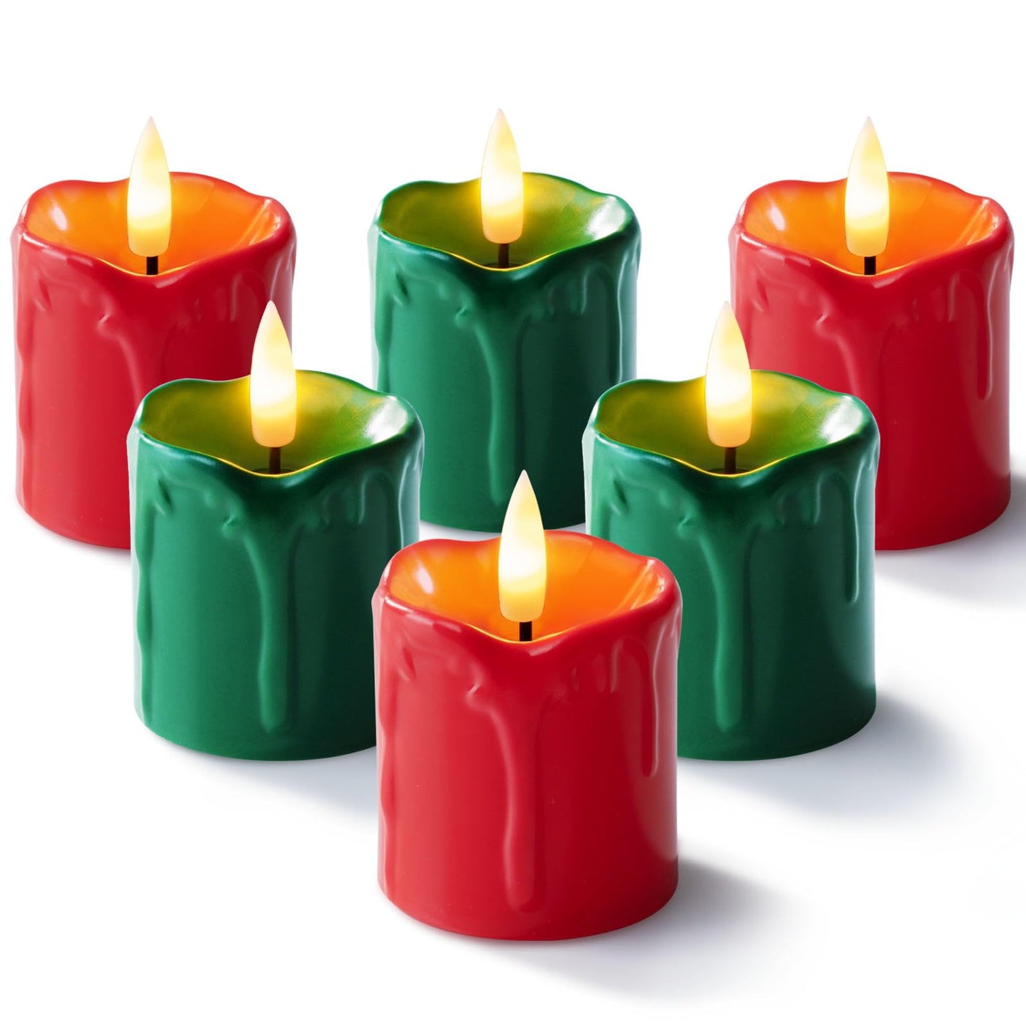 Homemory 2" x 2" Green & Red Timer Flickering Flameless Candles, 400+ Hour Battery Operated Votive Candles, 6Pack 3D Wick Electric Fake Candles for Party, Christmas, Halloween and Festival Celebration