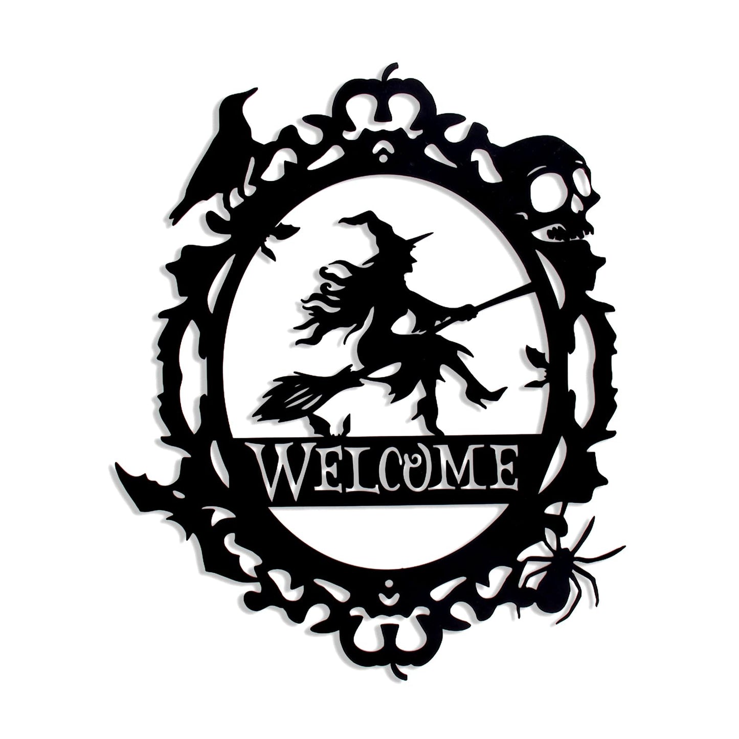 Gothic Witch Welcome Sign, Black Metal Wall Decor with Witch Design,15.63 x 12.6 inch, Indoor Outdoor Decorative Plaque
