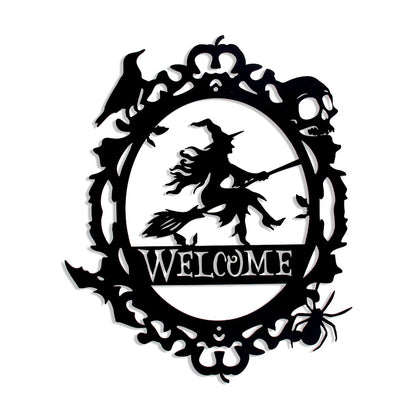 Gothic Witch Welcome Sign, Black Metal Wall Decor with Witch Design,15.63 x 12.6 inch, Indoor Outdoor Decorative Plaque