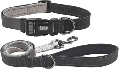 Dog Collar Leash Set, Gradient Color, with Safety Reflective Strips, 5 ft Matching Leash, Neoprene Padded Handle, Adjustable 4 Sizes for Small Medium Large Dogs.(L, Black Grey)