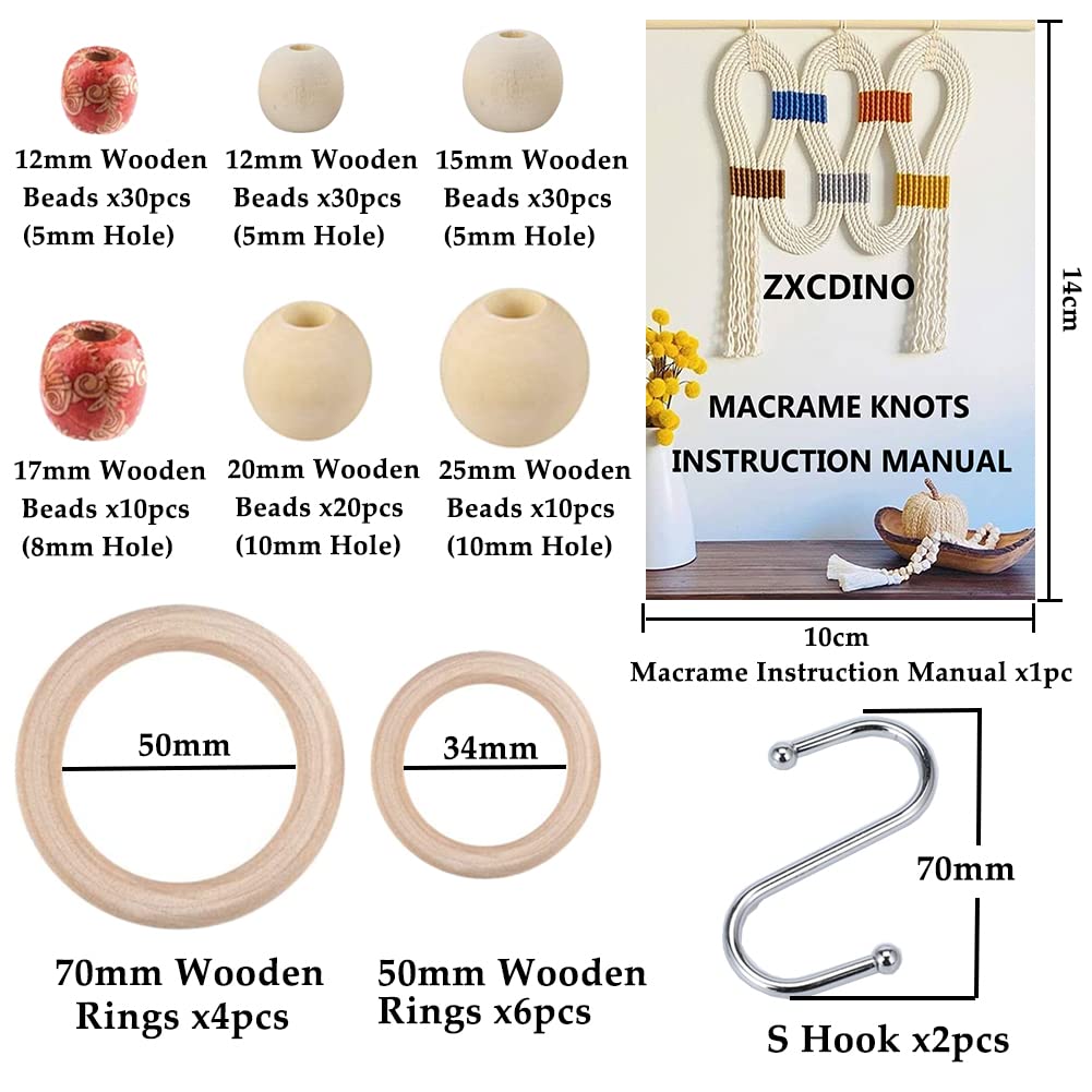 ZXCDINO 152pcs Macrame Kit for Beginners: Natural Cotton Macrame Cord, Wooden & Metal Rings, Beads, Sticks & Hoops - Perfect for Macrame Plant Hangers & Home Decor