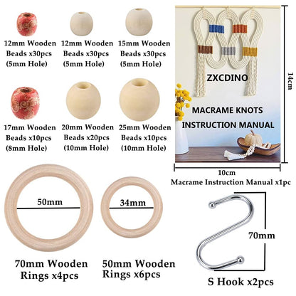 ZXCDINO 152pcs Macrame Kit for Beginners: Natural Cotton Macrame Cord, Wooden & Metal Rings, Beads, Sticks & Hoops - Perfect for Macrame Plant Hangers & Home Decor