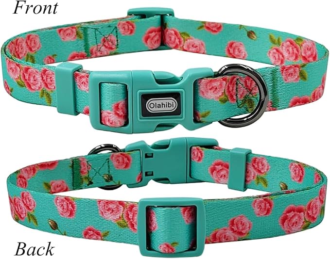 Dog Collar Leash Set, Floral Pattern, Polyester Material, Adjustable Collar and 5ft Matching Leash, for Small Dogs.(S, Green Rose)