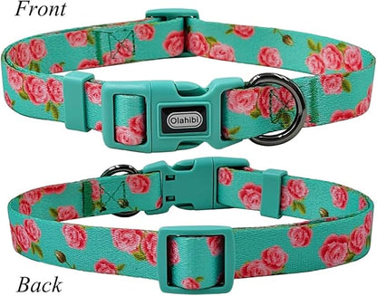 Dog Collar Leash Set, Floral Pattern, Polyester Material, Adjustable Collar and 5ft Matching Leash, for Small Dogs.(S, Green Rose)