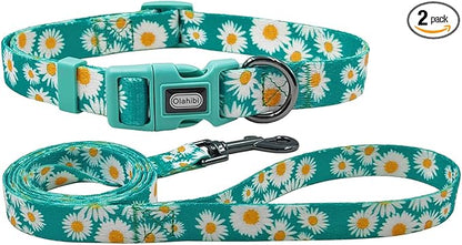 Dog Collar and Leash Set, Cute Daisy Pattern, Polyester Material, 5ft Leash, for Small Dogs.(Small,Green Daisy)