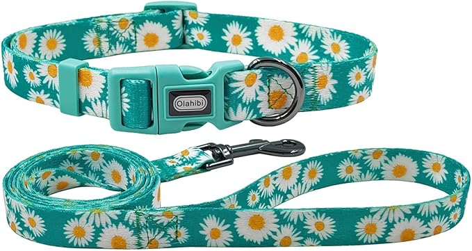 Dog Collar and Leash Set, Cute Daisy Pattern, Polyester Material, 5ft Leash, for Large Dogs.(Large,Green Daisy)